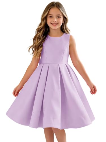 Heineyo Bowknot Satin Junior Bridesmaid Dress Girls Short Backless Spaghetti Strap Evening Party Ball Gown Wedding Lilac A-Line Sleeveless Flower Girl Dresses US14