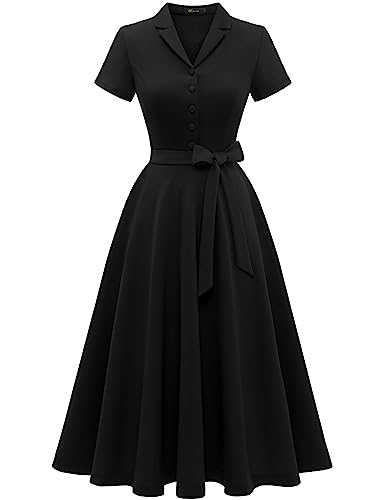 Wedtrend Vintage Women Tea Dress, A-Line Summer Retro Cocktail Party Dress for Church Work 50s Wedding Guest Dress A-Line Tea Party Dress Bridal Shower Dress with Sleeves WTP30001BlackS