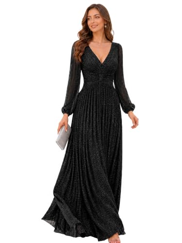 Ever-Pretty Women's V Neck Ruched High Waist Long Sleeves Floor Length Glitter Evening Dresses Black US06