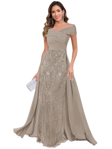 Off the Shoulder Mother of the Groom Dress for Wedding Taupe US14 | Taupe Mother of Bride Dress Floor Length Sparkly Maxi Formal Wedding Guest Dresses for Women Floral Evening Gowns