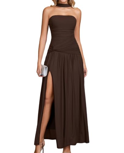 GLNEGE Halter Tube Top Strapless Formal Wedding Guest Cocktail Maxi Dress | Women's Ruched Pleated Mesh Slit Long Dress Elegant Evening Prom Bridal Shower Floral High Waist Dress