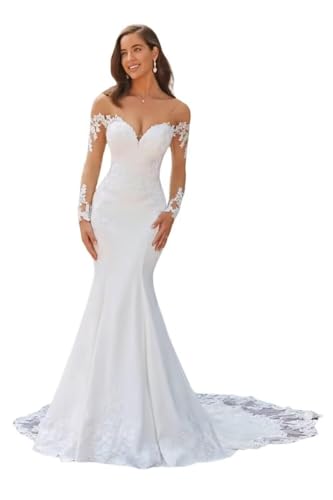 Mermaid Wedding Dresses for Bride 2026 Long Sleeve Lace Applique Bridal Dress for Women Long Tulle Satin Wedding Gowns with Train White Us8