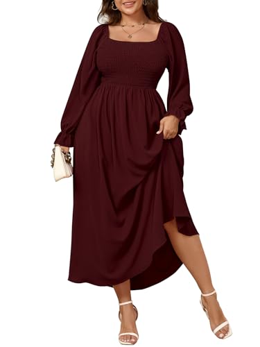 SHESTARR Women's Plus Size Dress Smocked Boho Maxi Fall Dress Burgundy