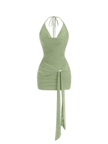 Floerns Women's Sexy Halter Draped Neck Ruched Tie Front Mini Dresses