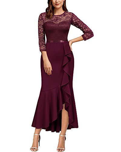 MISSMAY Women's Classy Floral Lace Ruffle Formal Bridesmaid Long Dress (Large, Burgundy)