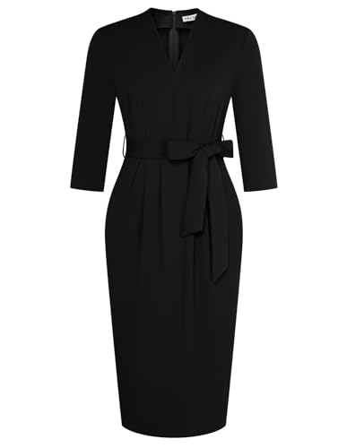Office Dresses V Neck 3/4 Sleeve Church Dresses for Women Midi Pencil Dress L Black