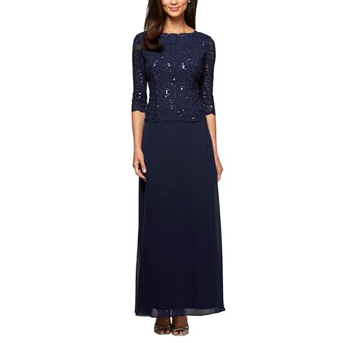 Alex Evenings Women's 3/4 Sleeve Stretch Lace Bodice One Piece Mother of the Bride Dress (Petite and Regular Sizes), Navy, 10P