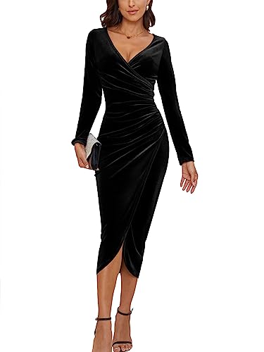 CYiNu Women's V Neck Wrap Velvet Long Sleeve Maxi Dress(Black,L) | Elegant Bodycon Ruched Cocktail Party Dress
