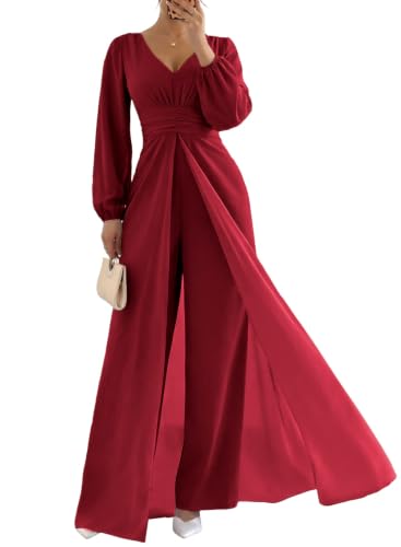Pink Queen Wedding Jumpsuits For Women Dressy Wide Leg Rompers Red S | V Neck,Ruched Waist,Skirt Overlay,Puff Sleeve,Semi Formal Outfit,Back Zipper Easy To Wear,Birthday Party,Club,Christmas