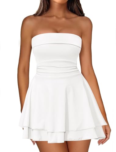 IWD Strapless Tube Dress for Women Ruched Waist Summer Mini Corset Dresses Flowy Tiered Ruffle Cute Short Graduation Dress White Small