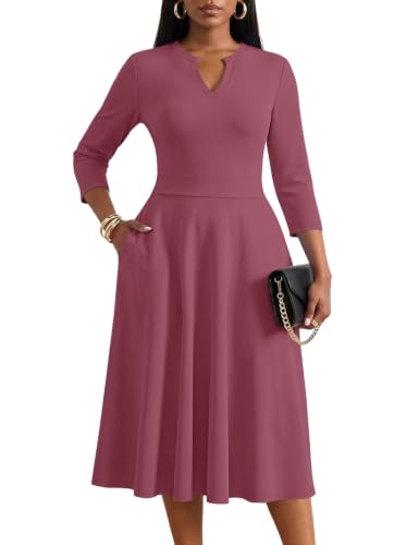 KARALIN Women Midi Dress 3/4 Sleeve V Neck Semi Formal Church with Pockets