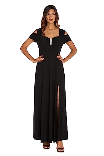 R&M Richards Women's Off Shoulder Sweetheart Neckline Gown W/Side Slit & Thick Straps - Rhinestone Embellished Evening Dress