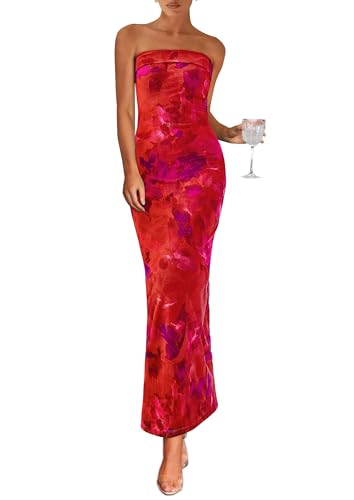 PRETTYGARDEN Womens Floral Long Strapless Summer Dress,Floral Rust Red,XXL
