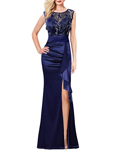 VFSHOW Womens Blue Floral Embroidered Formal Ruched Ruffles High Split Evening Gown Prom Wedding Party Maxi Long Dress 3708 BLU XS