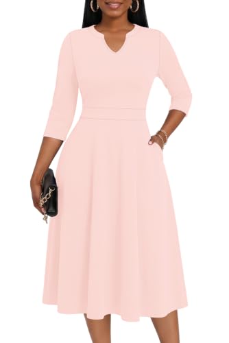 KARALIN Women 3/4 Sleeve High Waist Midi Dress Semi Formal Church Pink