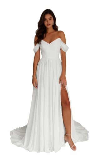 Ntcynr Wedding Dresses for Bride Pleated Chiffon Off Shoulder A Line V Neck Bridal Gowns with Train US12 Ivory