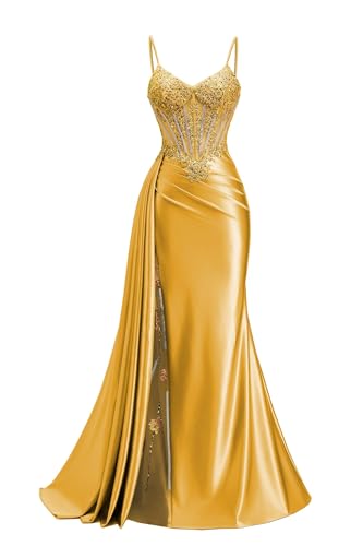 XYNGZOR Gold Prom Dresses for Women Mermaid Beaded Formal Dresses