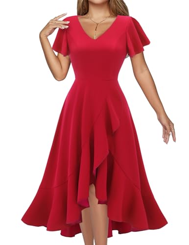 DRESSTELLS Women's Cocktail Dress, Formal Wedding Guest Bridesmaid Vintage Prom Spring Party 1950s Aline Midi Evening Fit and Flare Petite Valentines Dresses Red L
