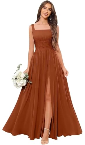 Tianzhihe Chiffon Bridesmaid Dresses for Women Square Neck Long A Line Ruched Corset Empire Waist Modest Rust Formal Evening Dress 2026 US8