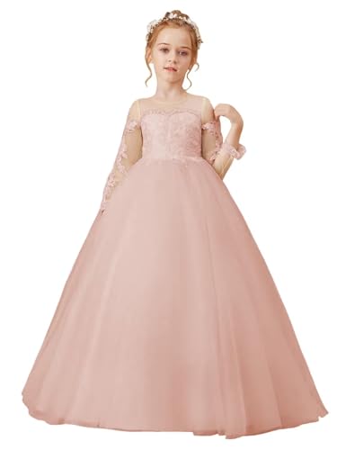 Lindadress Tulle Lace Appliques Flower Girl Dresses for Wedding A Line First Communion Dress Princess Pageant Ball Gown Blush Pink 8