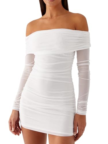 Women's Elegant Off Shoulder Bodycon Cocktail Party Mini Dress, L, White | Elegant Mesh Long Sleeve Ruched Bodycon Short Dresses