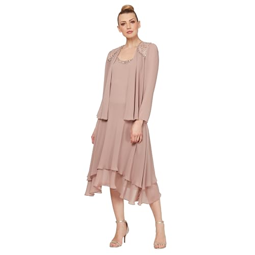 S.L. Fashions Women's Plus Size Mother of The Bride Dress with Embellished Neckline & Shoulder, Wedding Guest, Cashmere, 18