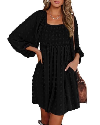BTFBM Women's Mini Smocked Wedding Guest Dress,Swiss Dot Black,S