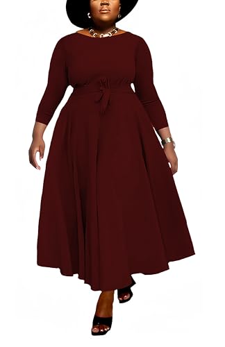 Hostoyo Women Plus Size Formal A Line Maxi Dress Self Tie Waist with Pockets Casual Elegant Round Neck Swing Dress