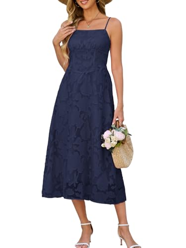 Kikibell Women's Tea Length Prom Jacquard Dresses A-Line Formal Evening Party Gowns Bridesmaid Dresses,Dark Blue,Large