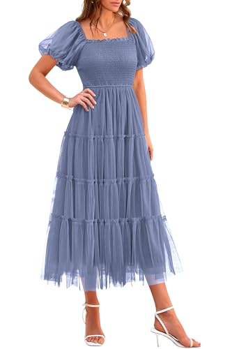 PRETTYGARDEN Women's Summer Smocked Midi Tulle Dress, Grey Blue,M | Lightweight Flowy Mesh, Puffy Short Sleeves, Square Neck, Elegant Dresses for Wedding Guest, Homecoming Party & Baby Shower