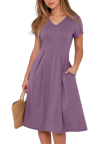 ANRABESS Women Summer Casual Short Sleeve A Line Midi Dresses with Pocket