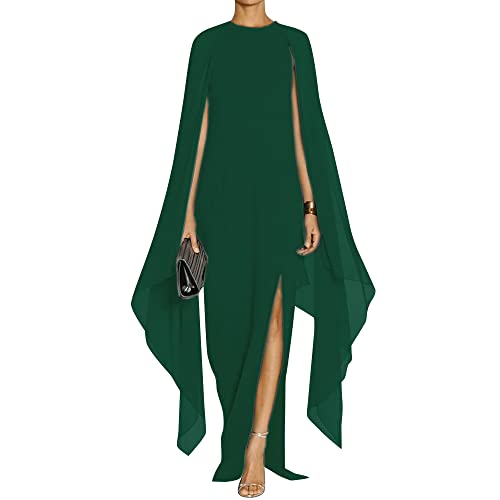 MAYFASEY Mother of the Bride Dresses for Women Long Sleeve High Split Floor Long Formal Gown Wedding Bridesmaid Maxi Dress with Cape Dark Green L