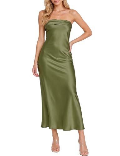 Realtix Summer Satin Strapless Backless Maxi Dress for Women Wedding Guest
