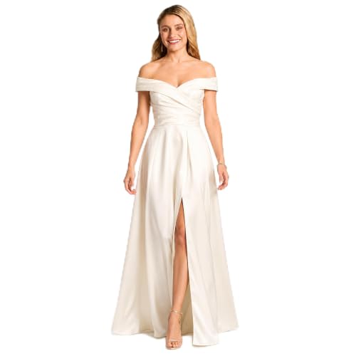 David's Bridal Wedding Dress, Formal Venue Style, Portraits, Reception | Off Shoulder Satin Ball Gown in Ivory with Structured Bodice