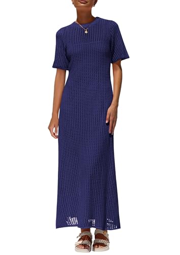 PRETTYGARDEN Womens Eyelet Crochet Maxi 2 Piece Dress Sets,Navy,L