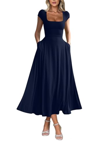 YMDUCH Women's Casual Short Sleeve Square Neck Flowy Long Dress Navy