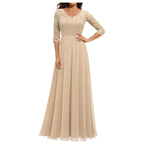 JGVAJVH Wedding Guest Dresses for Women V Neck 3/4 Sleeve Dress Solid Chiffon High Waist Maxi Dress Cocktail Beach Dresses(Beige-1,Medium)