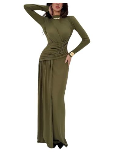 OYOANGLE Women's Long Sleeve Maxi Dress Mock Neck Ruched Asymmetrical Bodycon Formal Fall Wedding Guest Dresses Green Medium