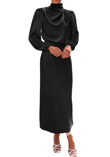 BTFBM Womens Mock Neck Satin Maxi Dress Summer 2026,Black,L