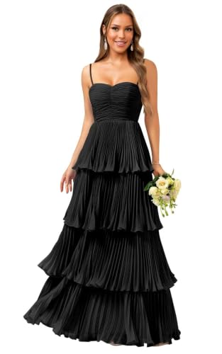 Spaghetti Straps Pleated Chiffon Bridesmaid Dresses for Wedding Black