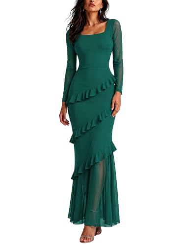 Nova In Sky Womens Mesh Long Sleeve Wedding Guest Dresses Dark Green XL