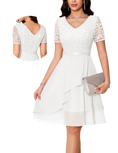 MUADRESS Women's Wedding Guest Cocktail Dress A-Line Lace Chiffon White L