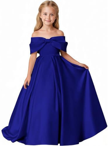 Lanbaodress Off Shoulder Flower Girl Dress 2026 Long Satin Pageant Junior Bridesmaid Dresses for Wedding with Bow Royal Blue Size 14T