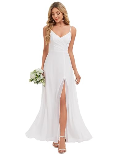 Ever-Pretty Women's Sexy Side Slit V Neck Spaghetti Straps Chiffon A Line Bridesmaid Dress White US12