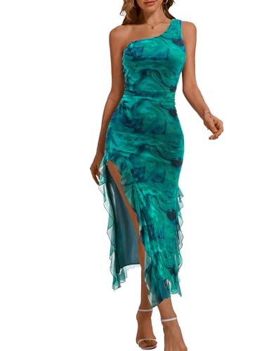 DRESSTELLS Women Formal Floral Wedding Guest Long Cocktail Party Spring Easter Summer Beach Vacation One Shoulder Mesh Bodycon Dress Ink Flower XL