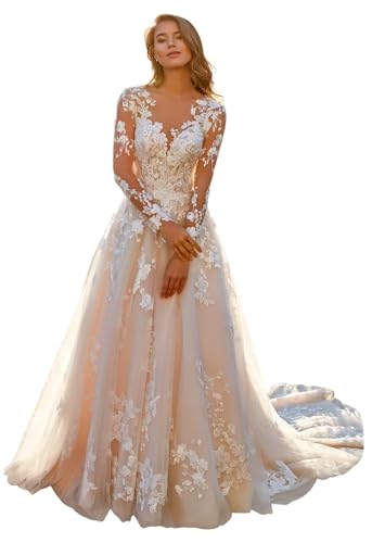 Lace Long Sleeve Wedding Dresses for Wowmen Scoop Neck A Line Tulle Long Train Wedding Gown 2026 Ivory 8