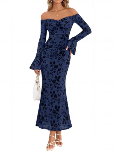 MEROKEETY Women's Off The Shoulder Bodycon Fall Maxi Dress, Navy, S