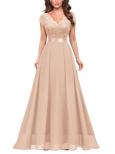 Miusol Women's Elegant V-Neck Cap Sleeve Sequined Floral Lace Formal Party Maxi Dress (XX-Large, Champagne)