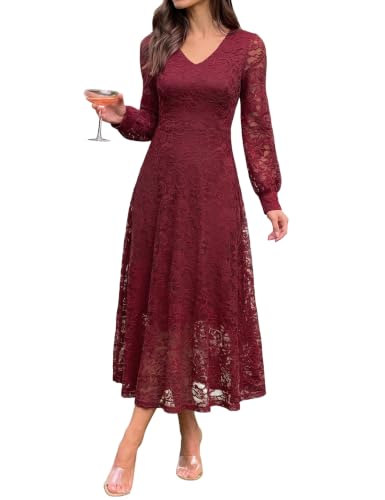 Nitzana Women's V-Neck Long Sleeve Lace Maxi Wedding Guest Dress Burgundy | A-line, lantern sleeve, vintage, elegant, party, cocktail, church, flowy, 2026 long formal dresses