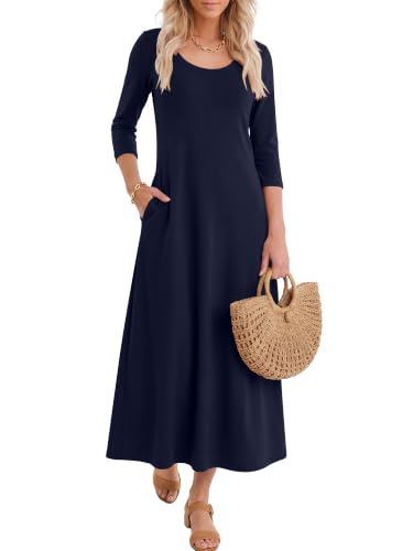 ANRABESS Womens 3/4 Sleeve Scoop Neck Casual Maxi Dress,Navy Blue,L